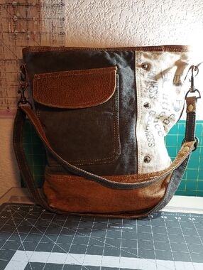 Leather-Trim Brown Canvas Crossbody Bag for Women
